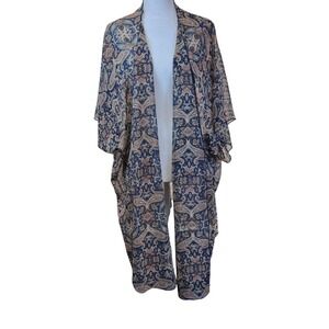 DEMOCRACY Paisley Print Kimono Cardigan Sheer Duster Blue Multi Size M